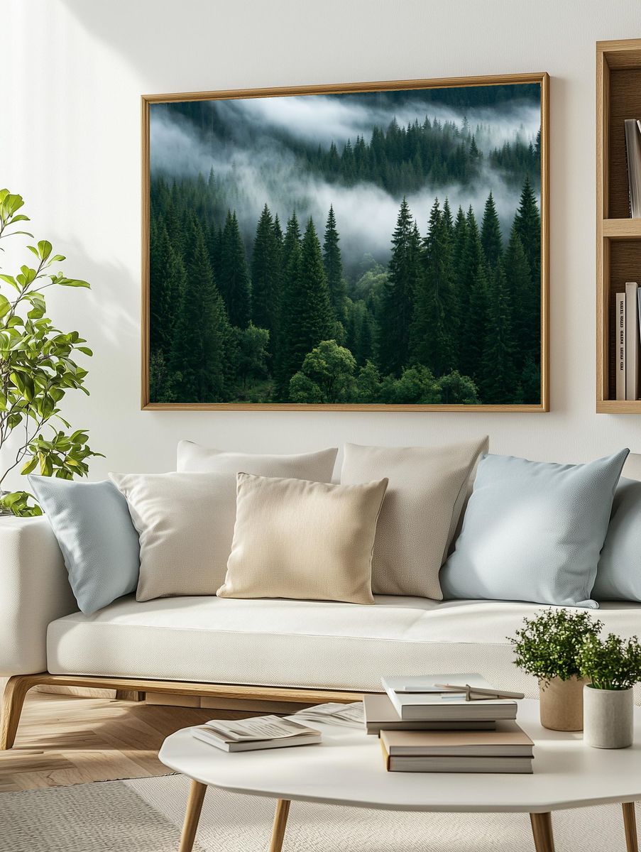 Misty Pine Forest Photography Poster. — room view 2