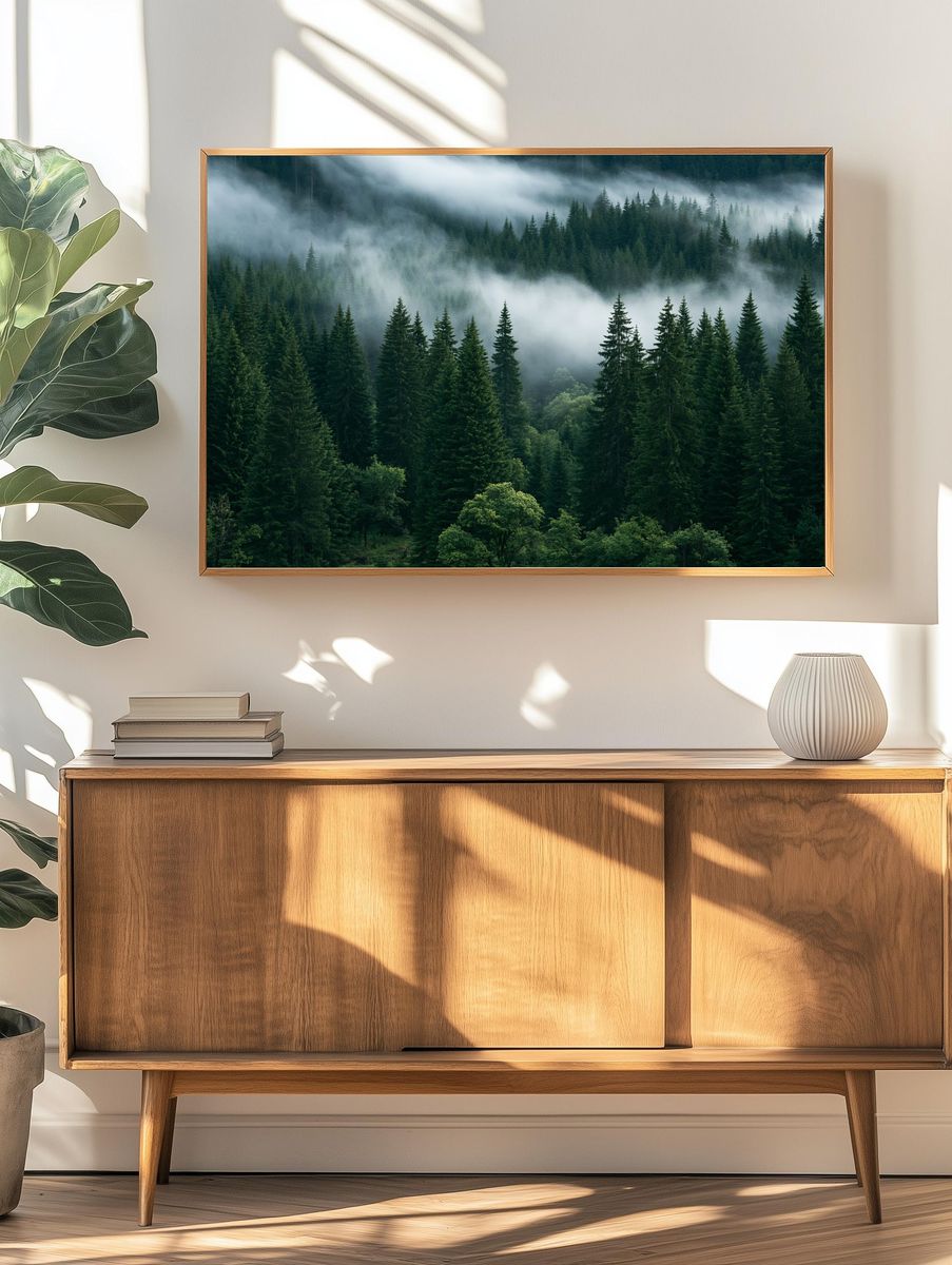 Misty Pine Forest Photography Poster. — room view 3