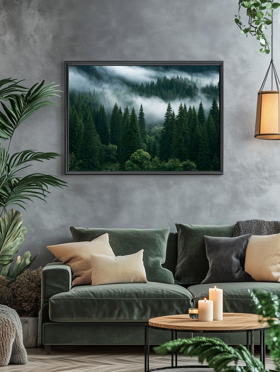 Misty Pine Forest Photography Poster. — room view 4