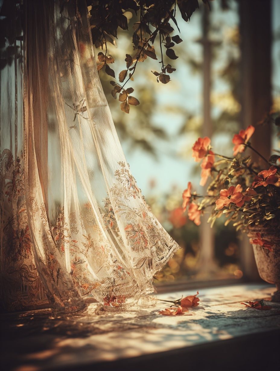 Sunlit Floral Curtain Photography Poster. poster detail