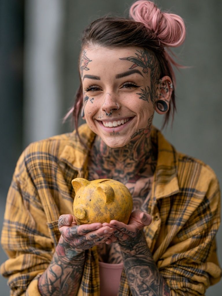 Tattooed Portrait with Yellow Piggy Bank Print. poster — photography art