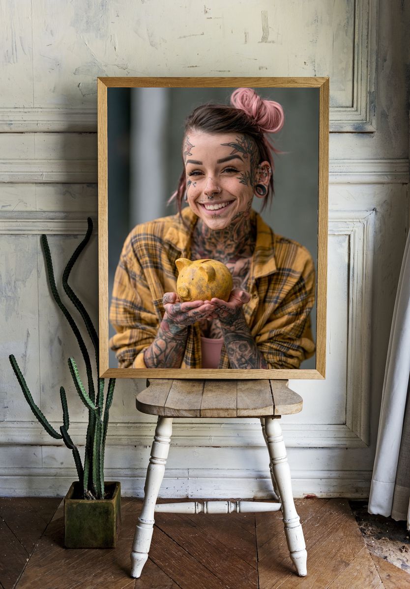 Tattooed Portrait with Yellow Piggy Bank Print. — room view 1