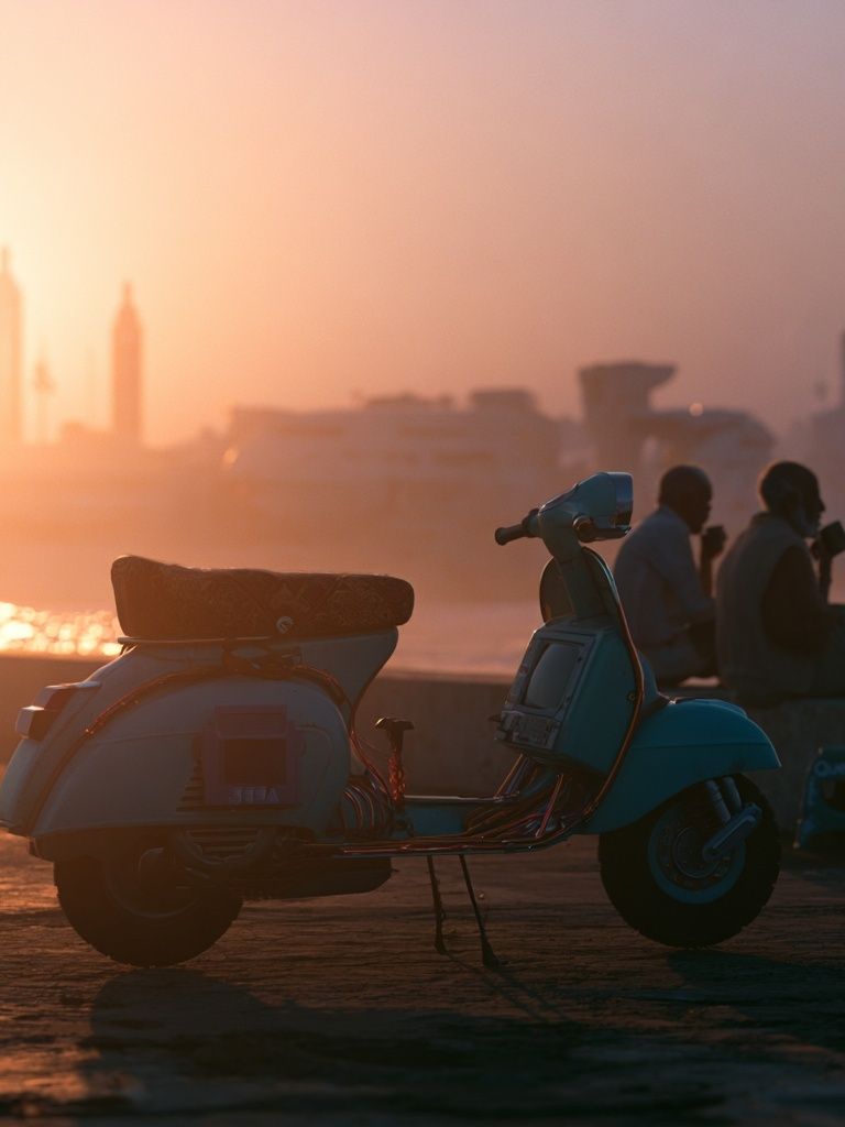 Sunset Vespa by the River Poster. poster detail