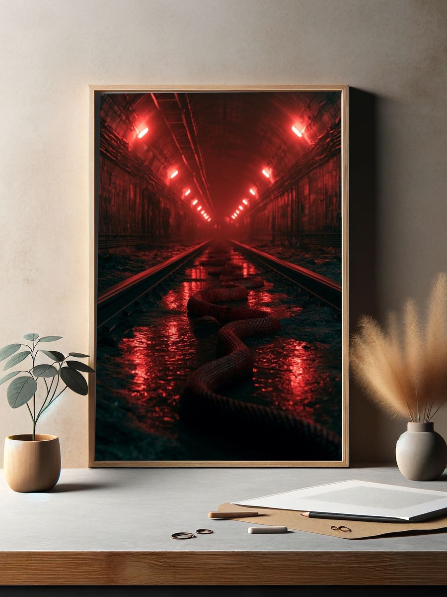 Red Tunnel Snake Photography Print. — room view 2