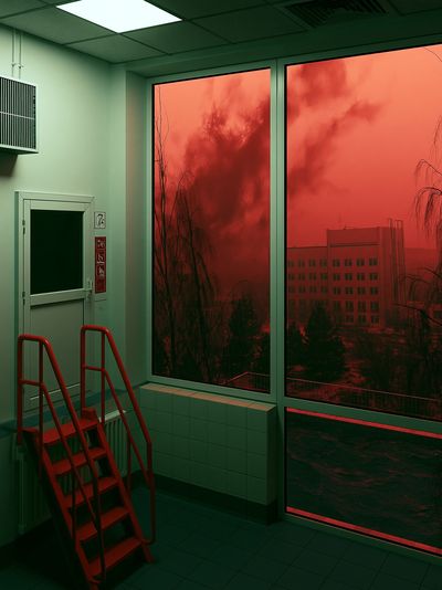 Red Sky Window Interior Photography Poster. poster