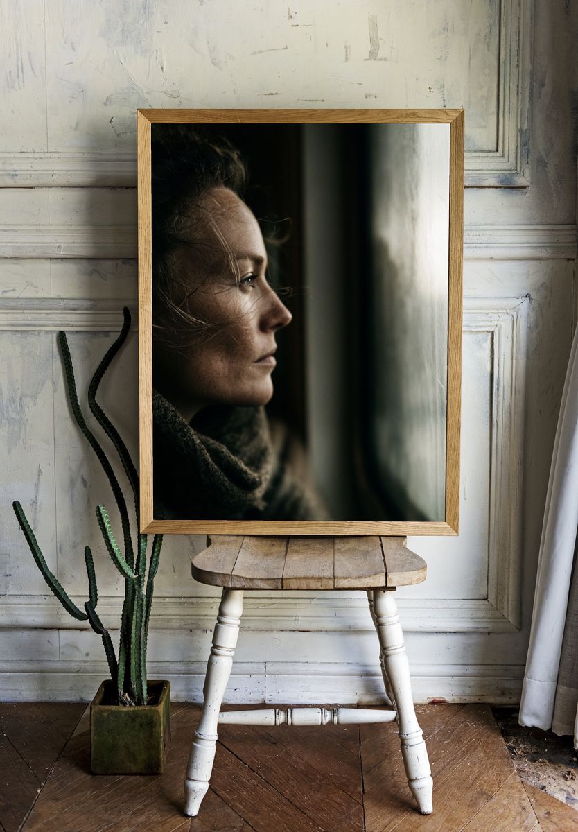 Contemplative Woman Portrait Print. room preview