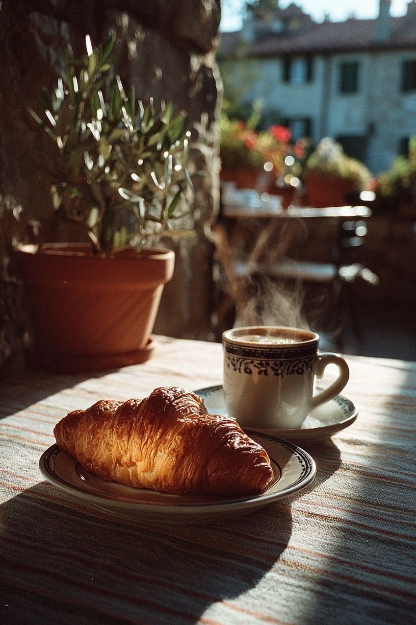 Sunlit Croissant Breakfast Photography Poster. poster — photography art
