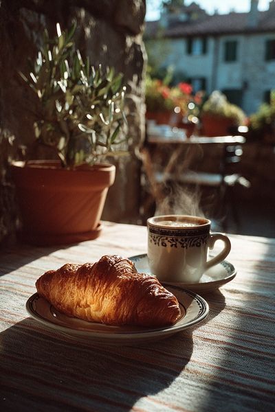 Sunlit Croissant Breakfast Photography Poster. poster print
