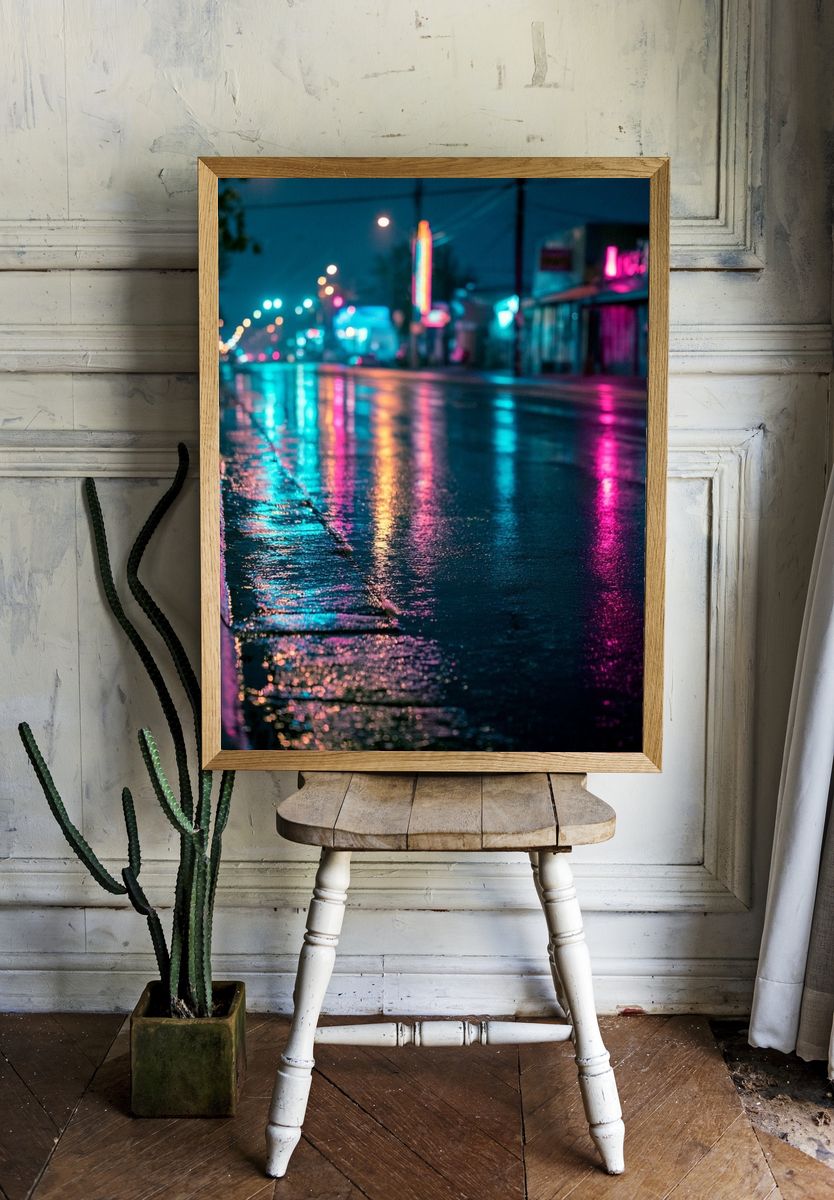 Neon Rainy Street Photography Poster. room preview
