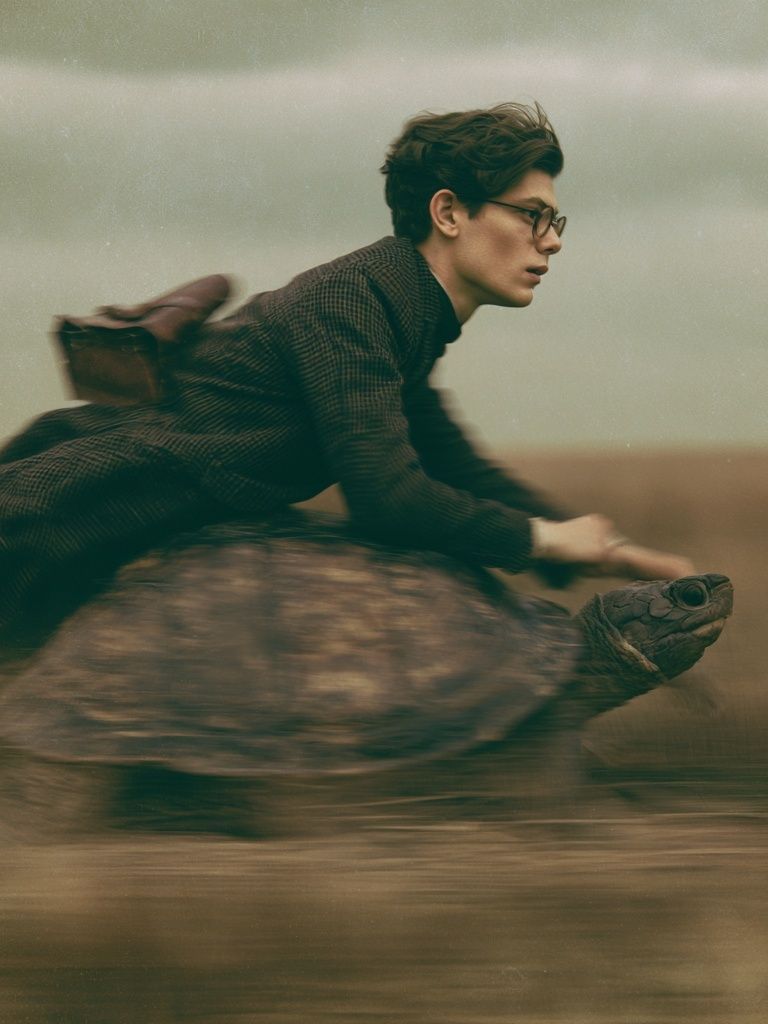 Boy Riding Turtle Photography Print. poster detail