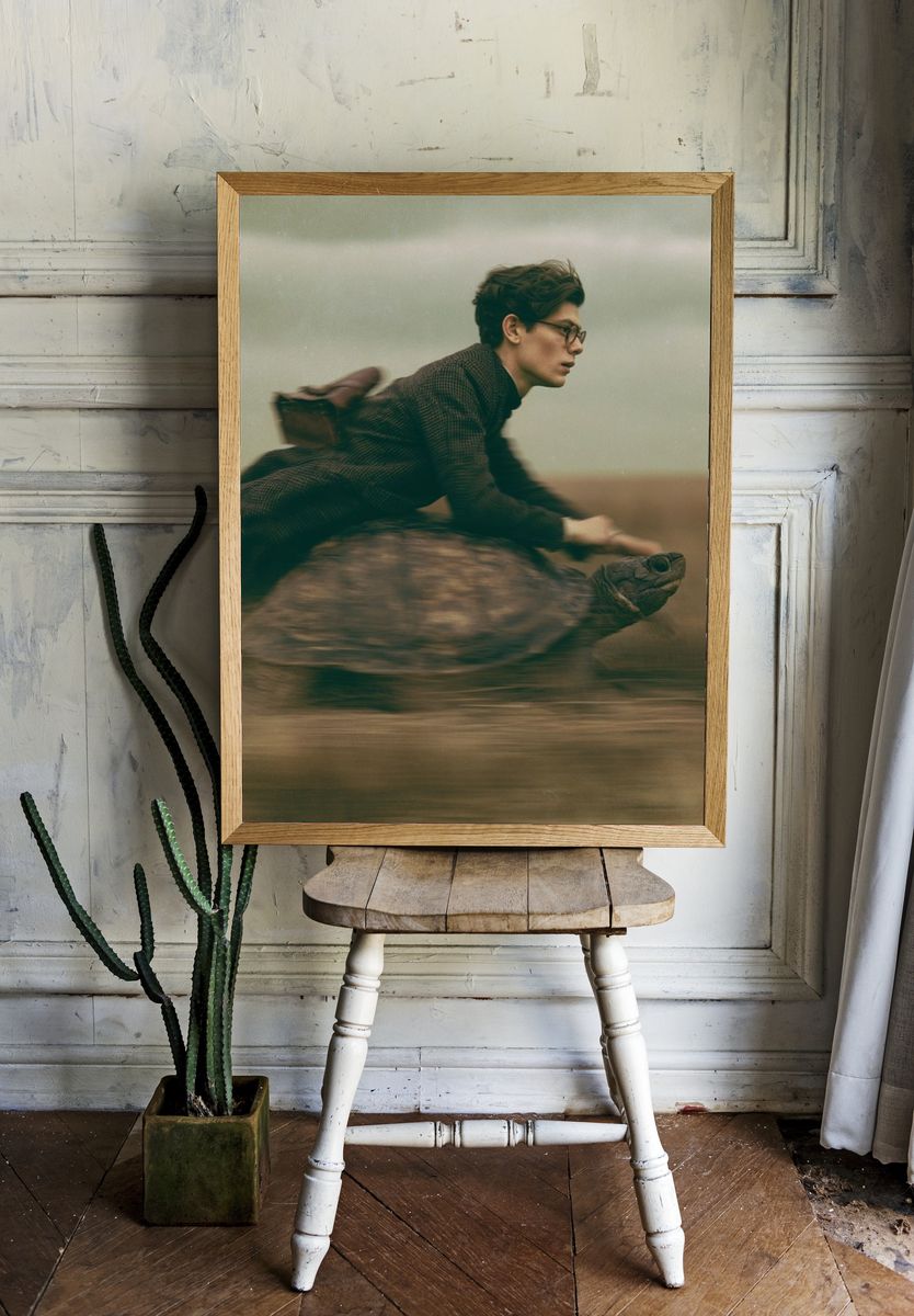 Boy Riding Turtle Photography Print. — room view 1