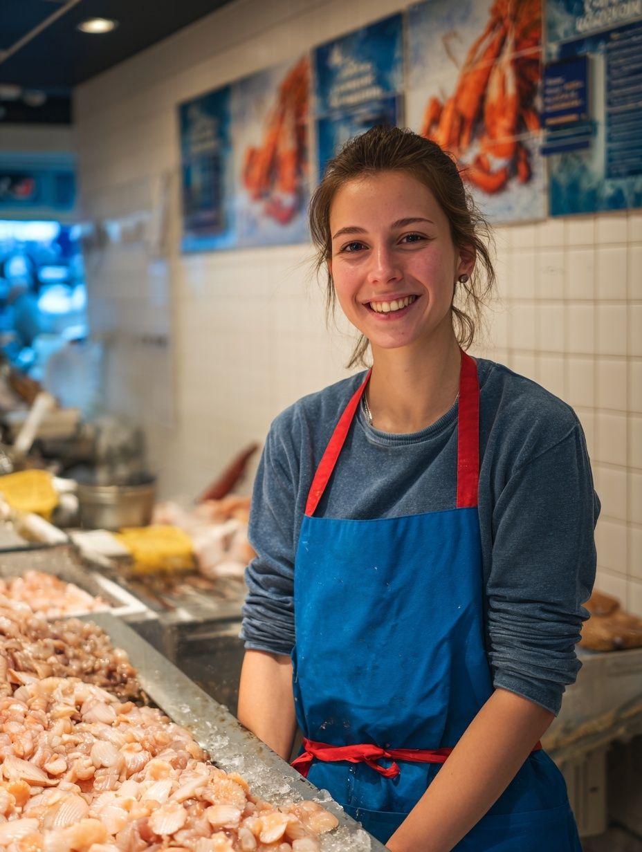 Smiling Fishmonger Portrait Print. poster detail