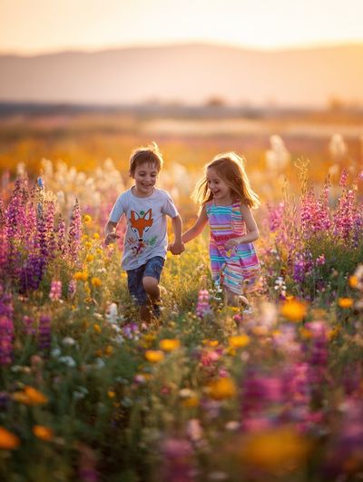 Children Running in Wildflower Field Poster. poster print