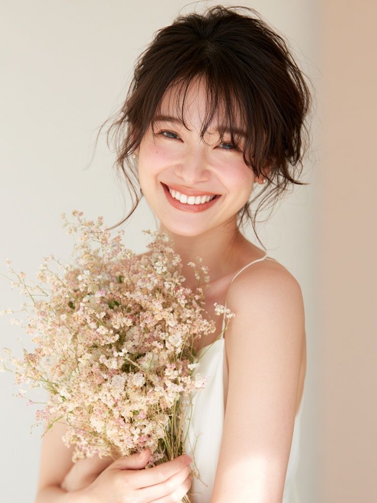 Smiling Woman with Flowers Photography Poster. poster detail