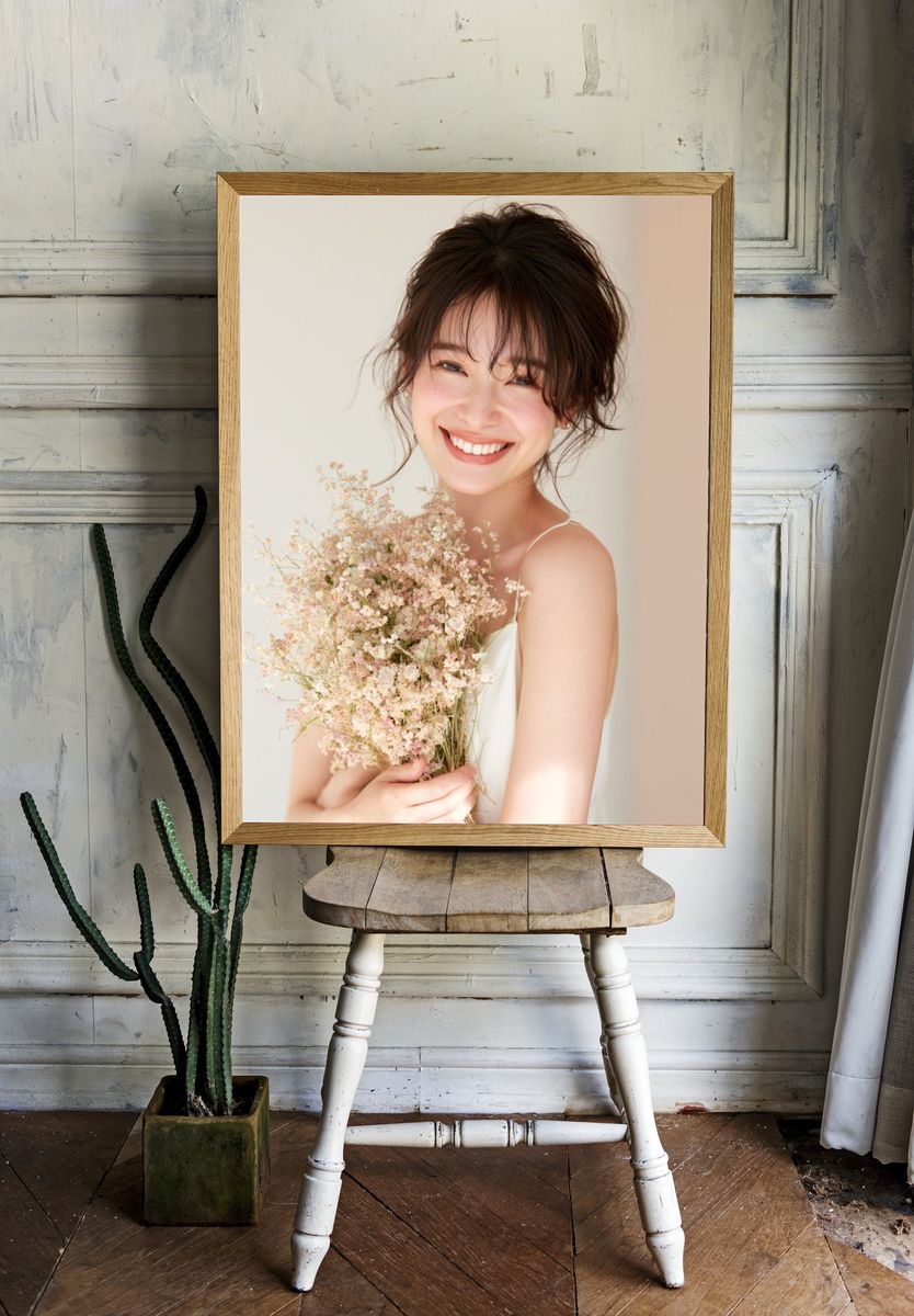 Smiling Woman with Flowers Photography Poster. — room view 1