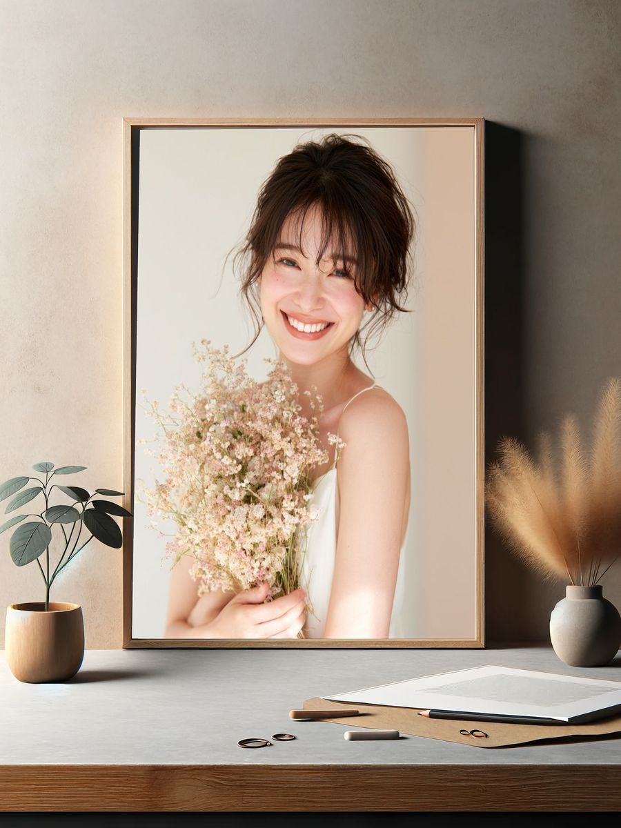 Smiling Woman with Flowers Photography Poster. — room view 2