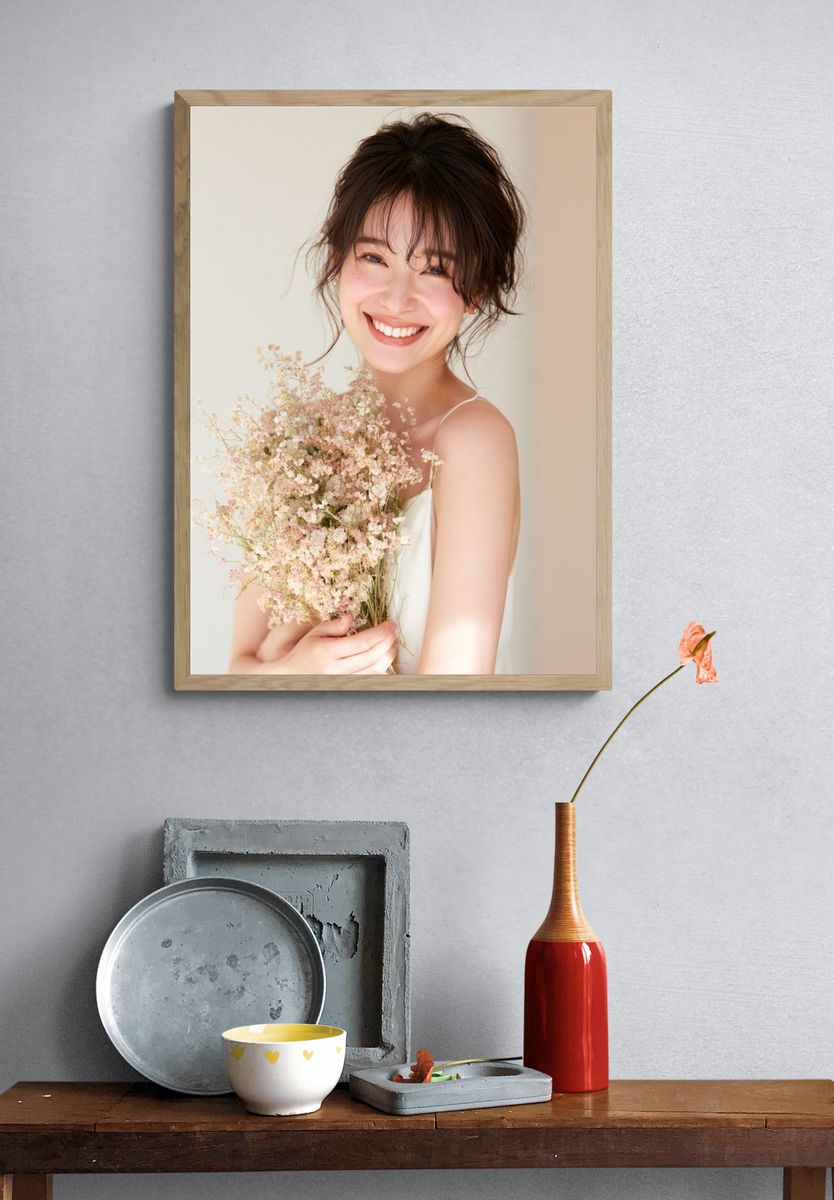Smiling Woman with Flowers Photography Poster. — room view 3