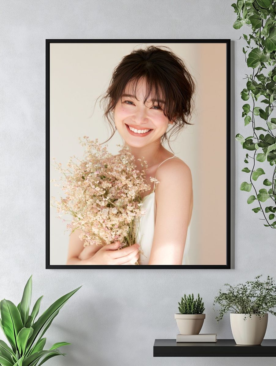 Smiling Woman with Flowers Photography Poster. — room view 4