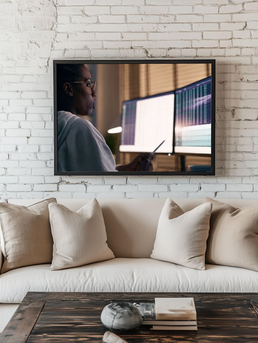 Coder at Dual Monitors Photography Poster. room preview