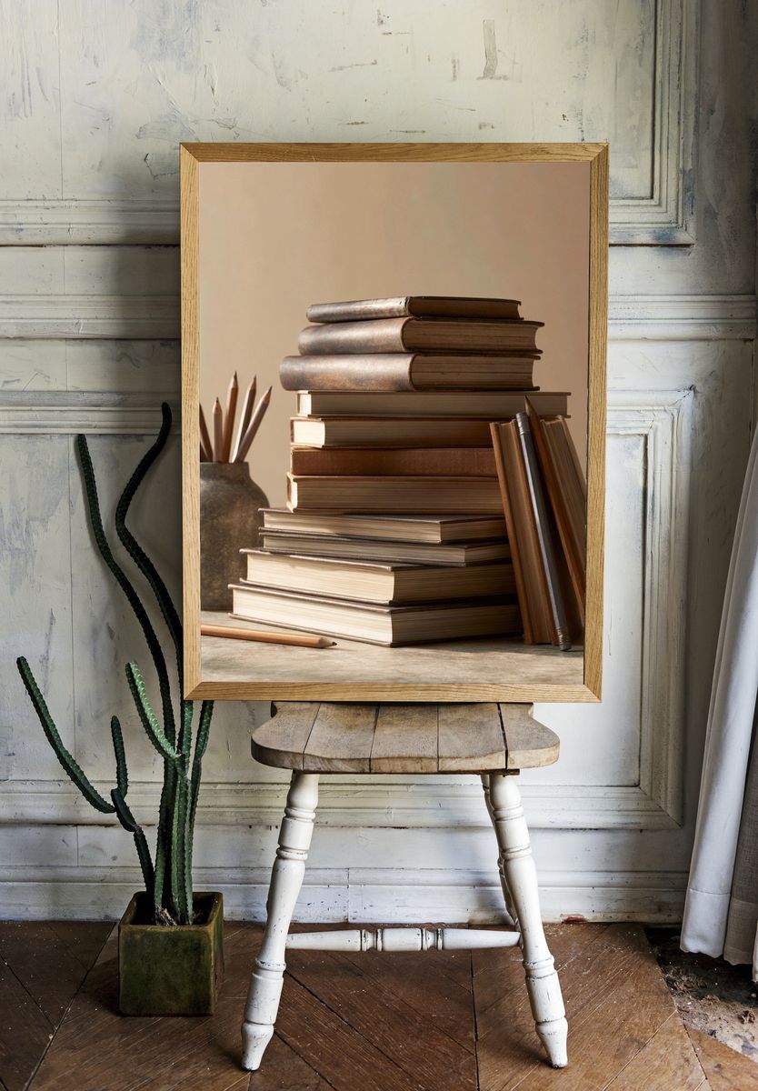 Stacked Books Still Life Poster. — room view 1