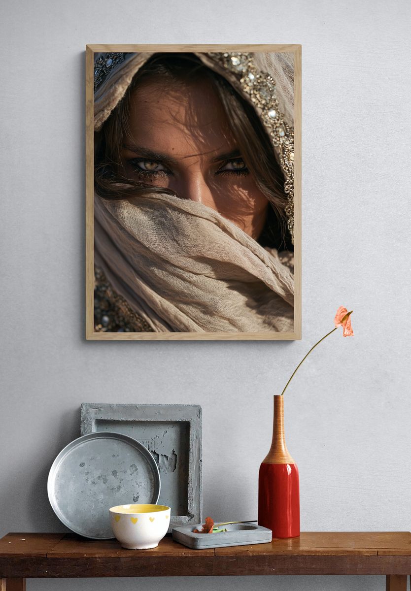 Veiled Gaze Portrait Print. — room view 3