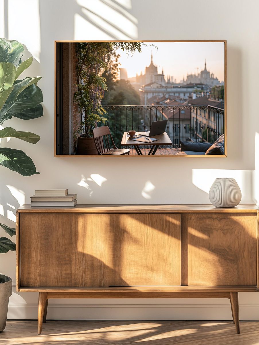 Sunlit Balcony City View Photography Poster. — room view 3