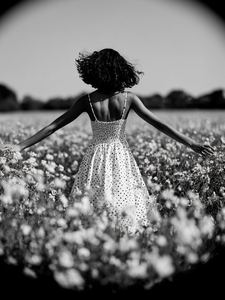 Girl in Flower Field Black-White Poster. poster — photography art