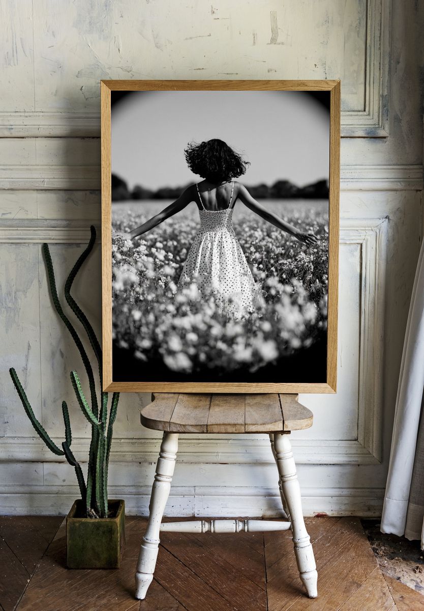 Girl in Flower Field Black-White Poster. room preview