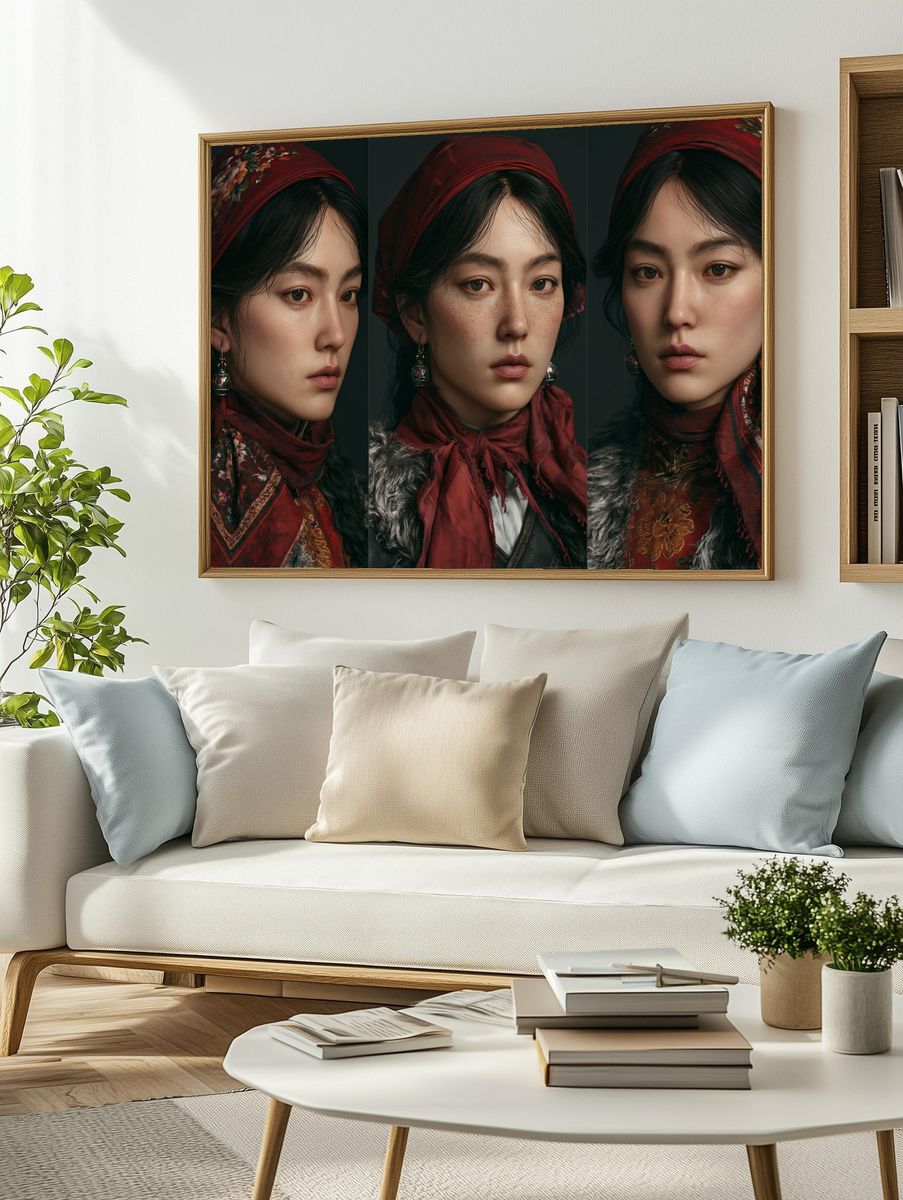 Red Headscarf Portrait Triptych Print. — room view 2