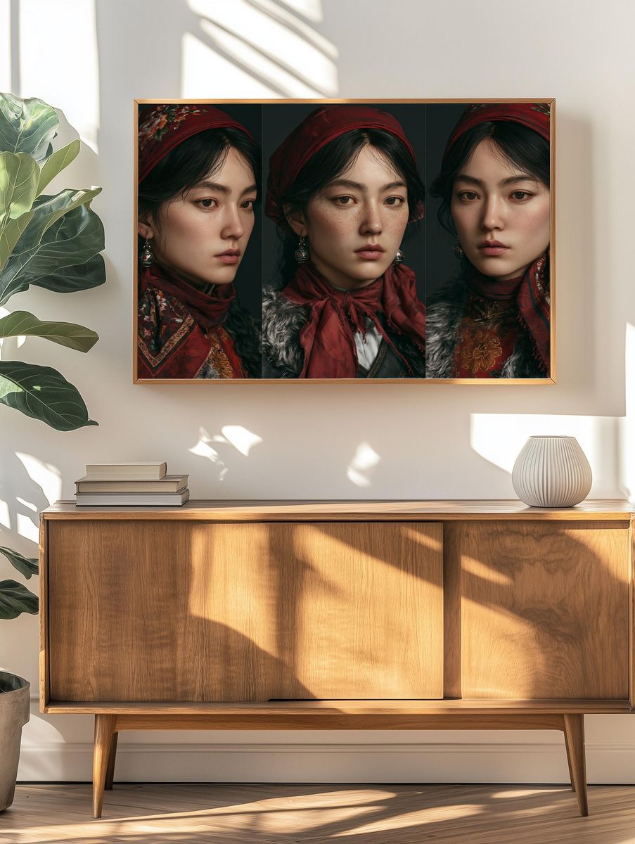 Red Headscarf Portrait Triptych Print. — room view 3
