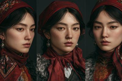 Red Headscarf Portrait Triptych Print.