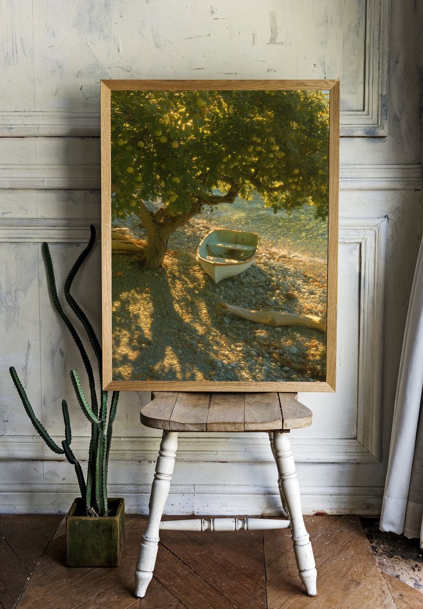 Sunlit Olive Shoreline Photography Poster. — room view 1