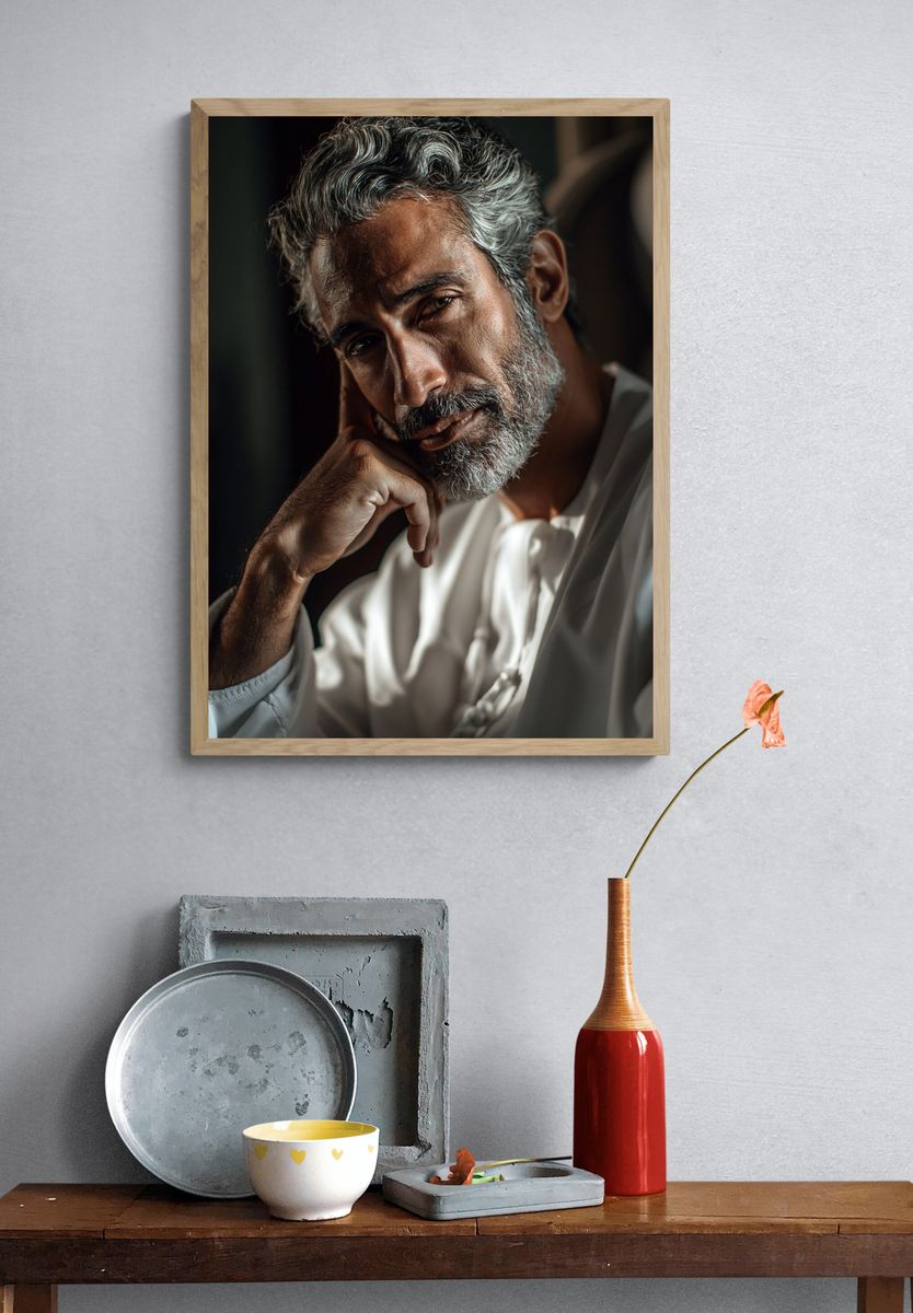 Contemplative Man Portrait Poster. — room view 3