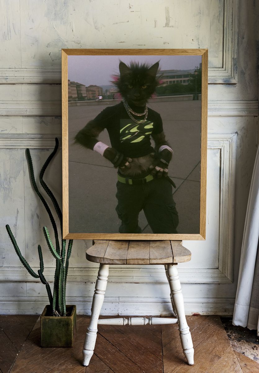 Cyber Cat Street Portrait Poster. room preview