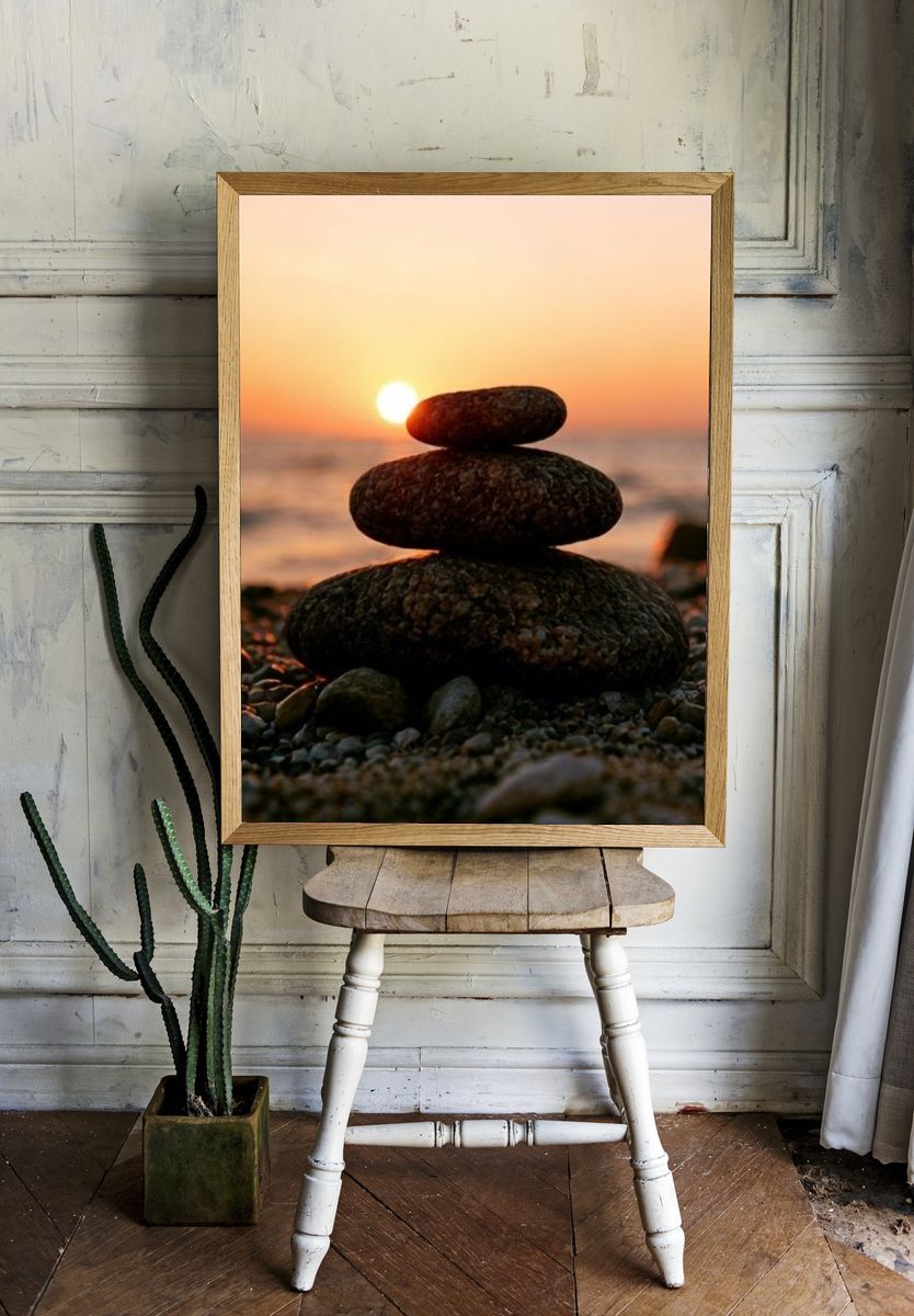 Stacked Stones Sunset Photography Poster. — room view 1
