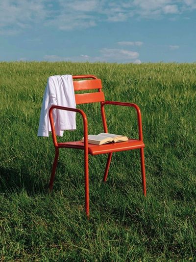 Red Chair in Meadow Photography Poster. poster print