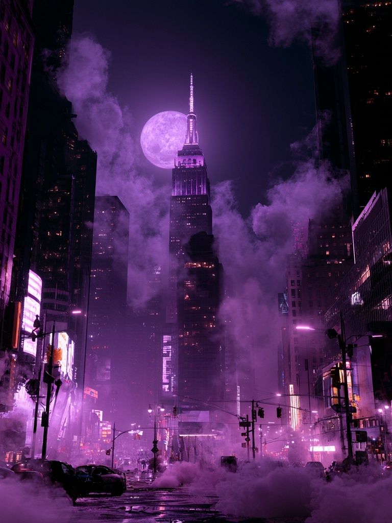 Purple Moonlit Cityscape Photography Poster. poster detail