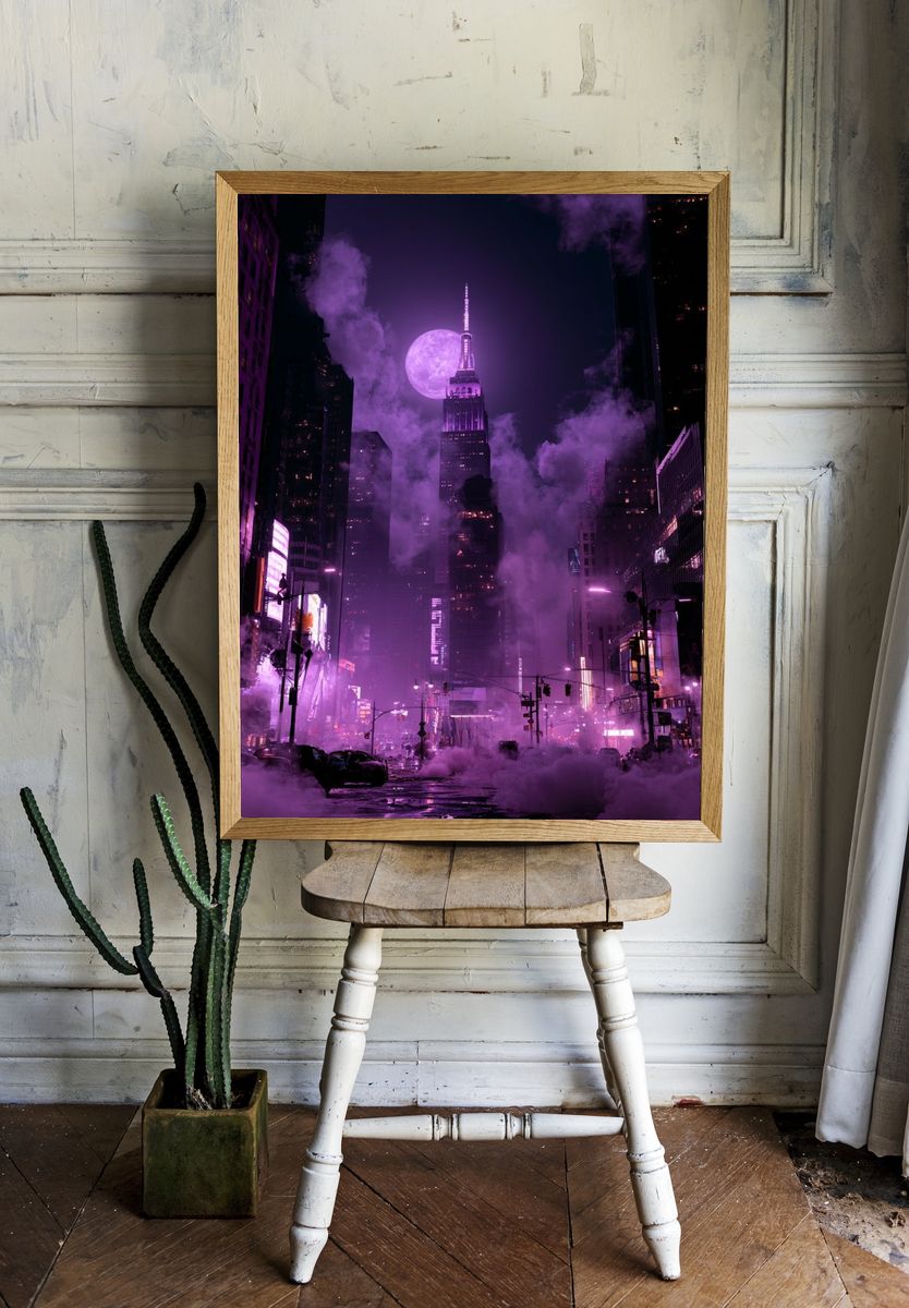Purple Moonlit Cityscape Photography Poster. — room view 1