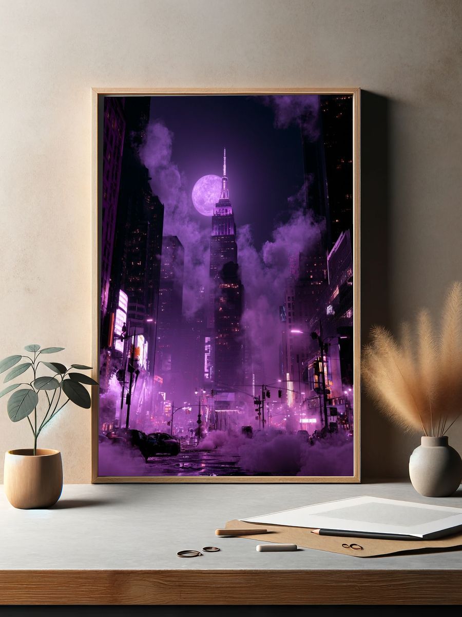 Purple Moonlit Cityscape Photography Poster. — room view 2