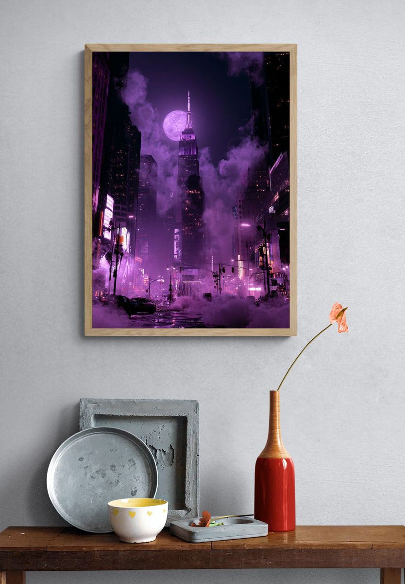 Purple Moonlit Cityscape Photography Poster. — room view 3