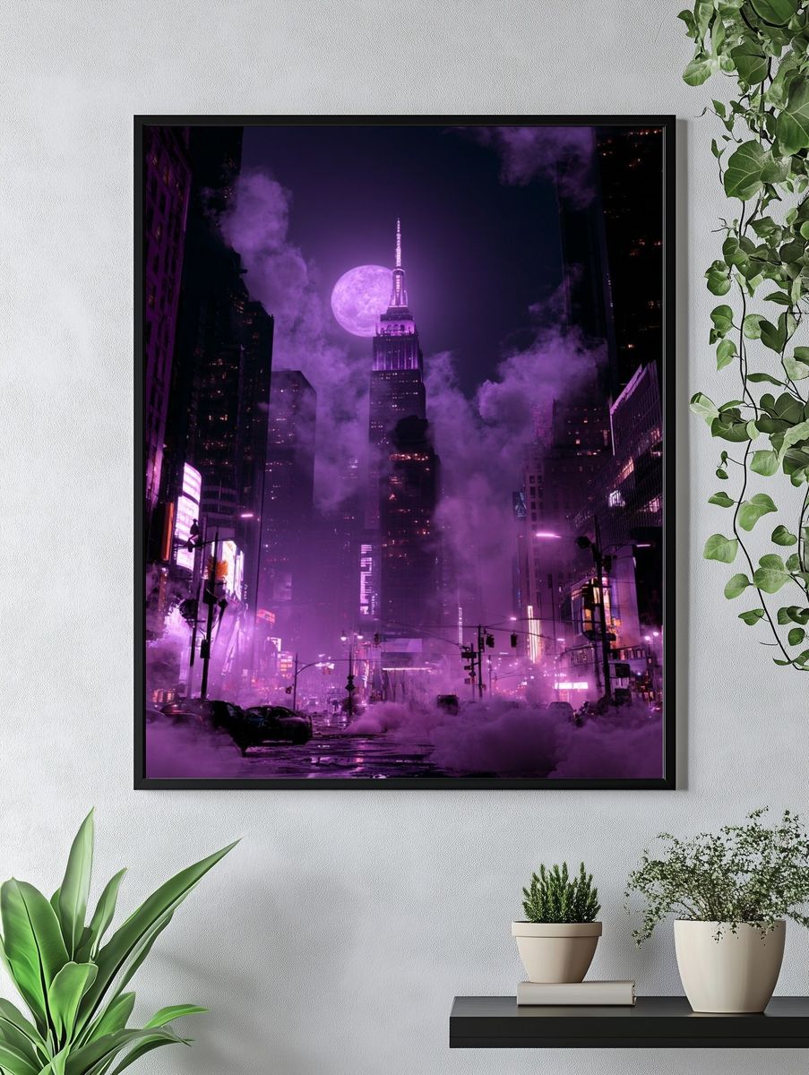 Purple Moonlit Cityscape Photography Poster. — room view 4