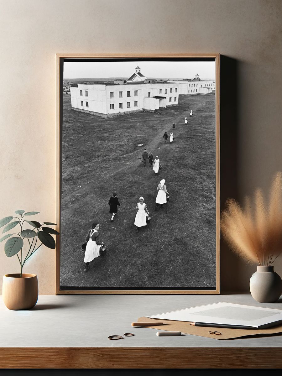 Village Walk in Black White Poster. — room view 2