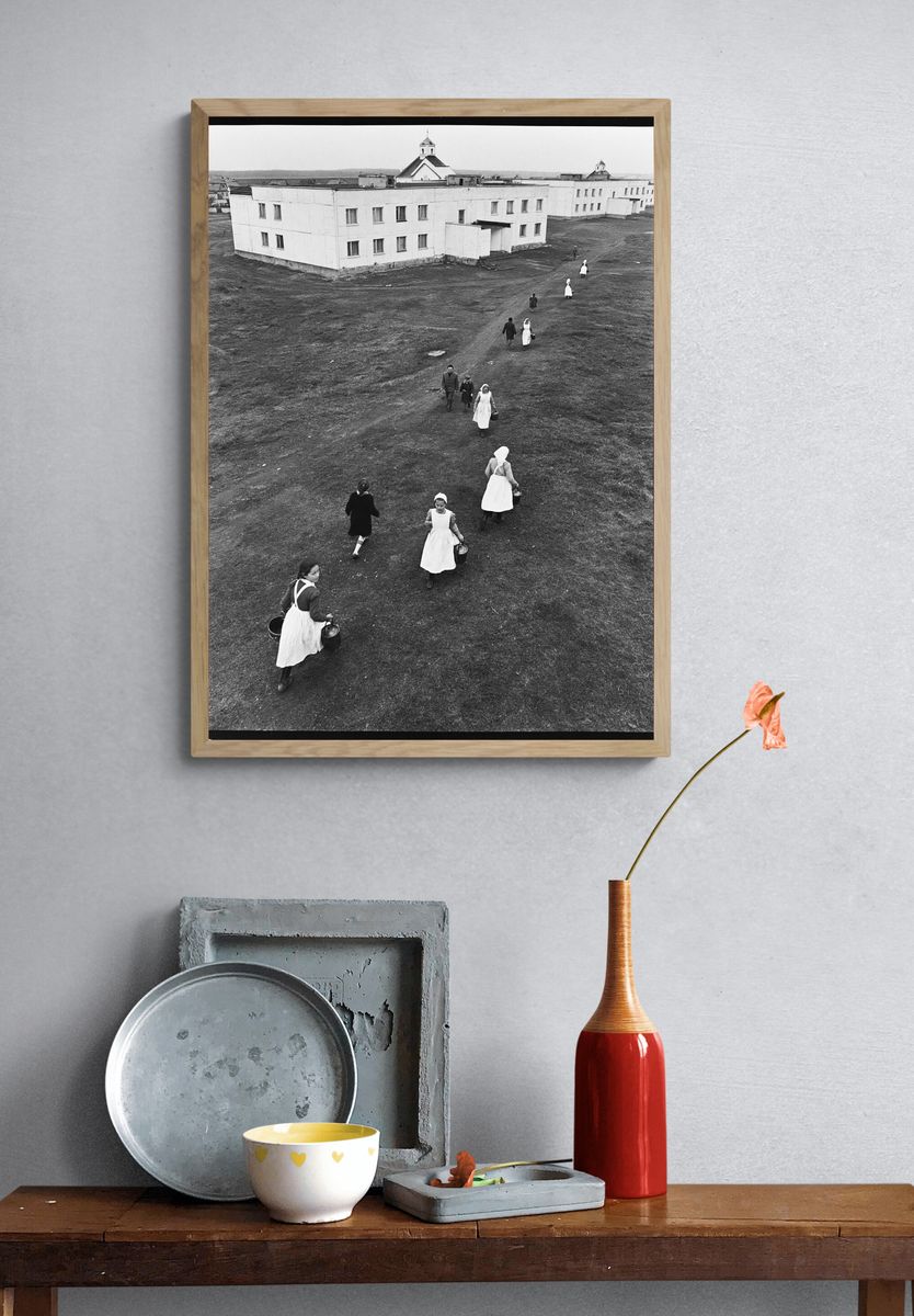 Village Walk in Black White Poster. — room view 3