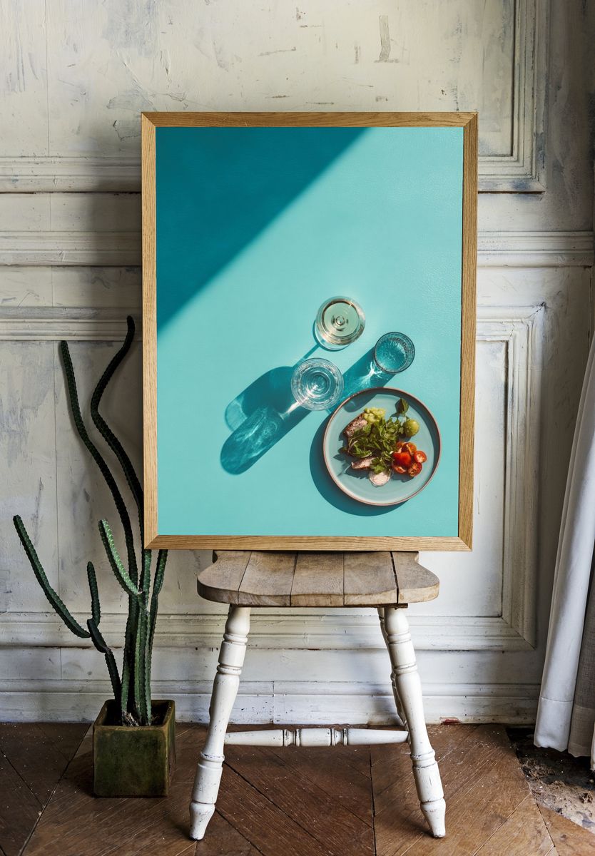 Turquoise Tabletop Still Life Poster. — room view 1