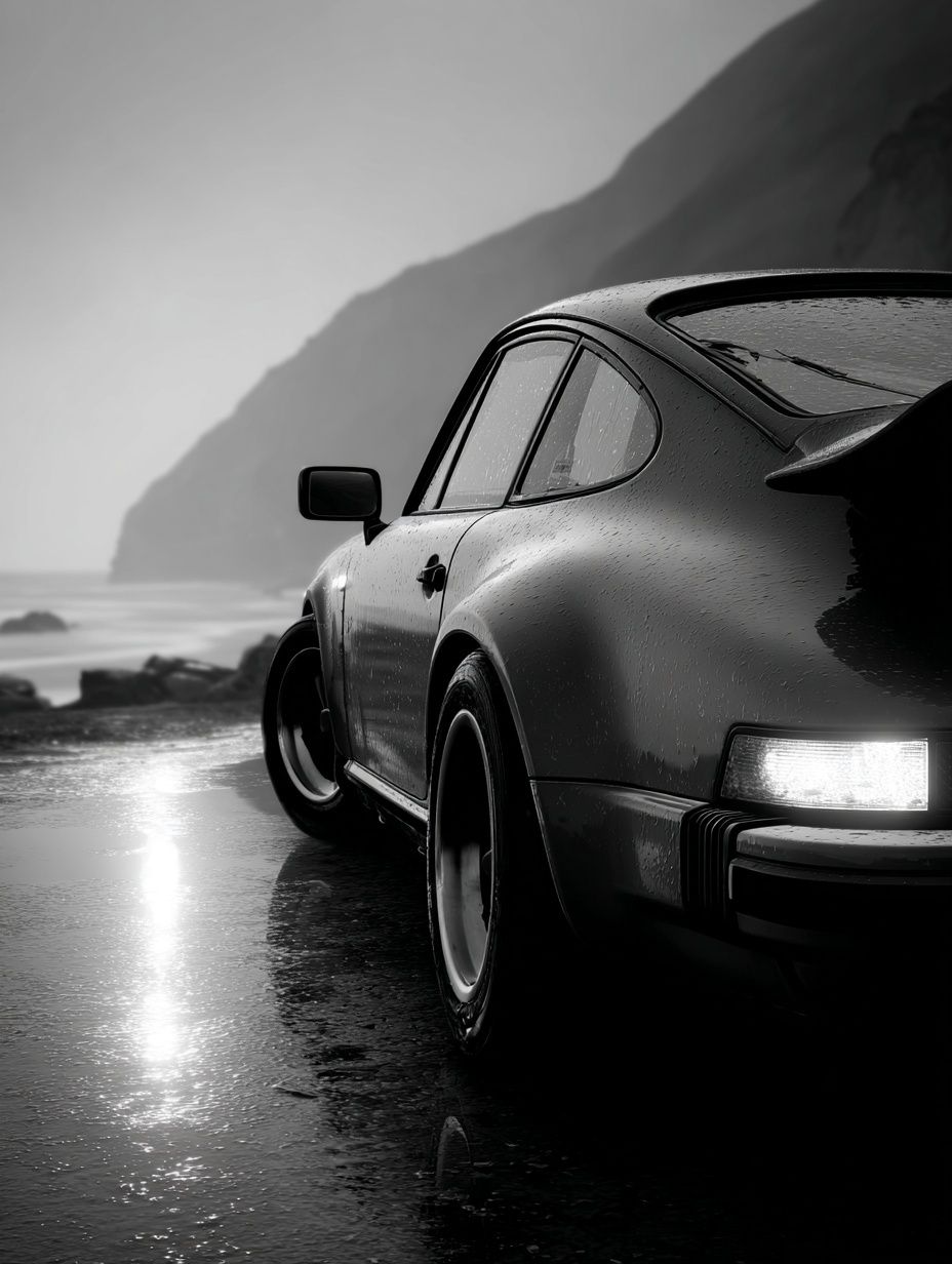 Rainy Coastal Porsche Black-White Poster. poster detail