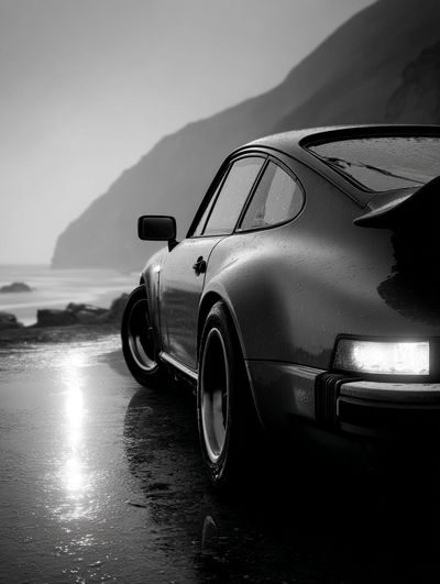 Rainy Coastal Porsche Black-White Poster. poster print