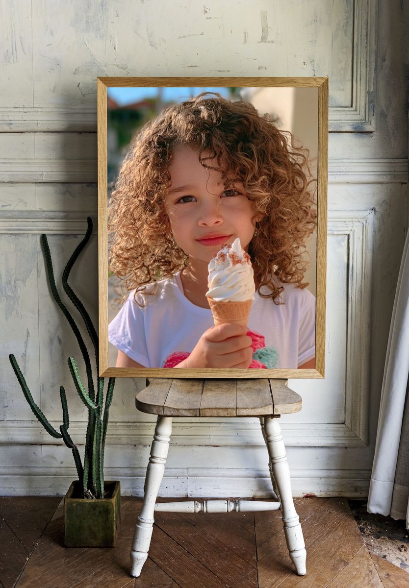 Curly Child with Ice Cream Photography Poster. — room view 1