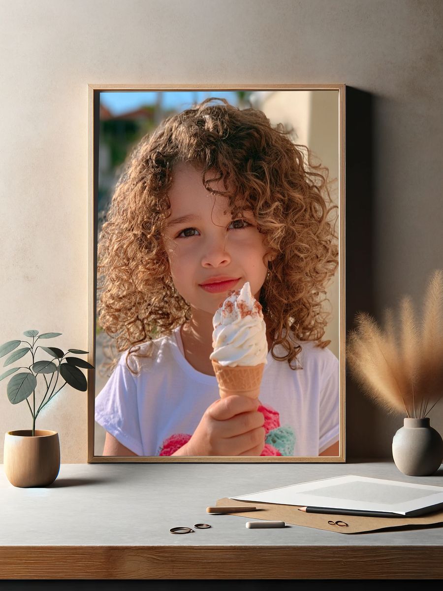 Curly Child with Ice Cream Photography Poster. — room view 2
