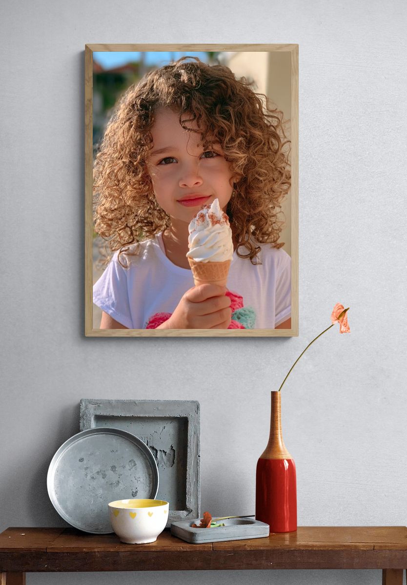 Curly Child with Ice Cream Photography Poster. — room view 3