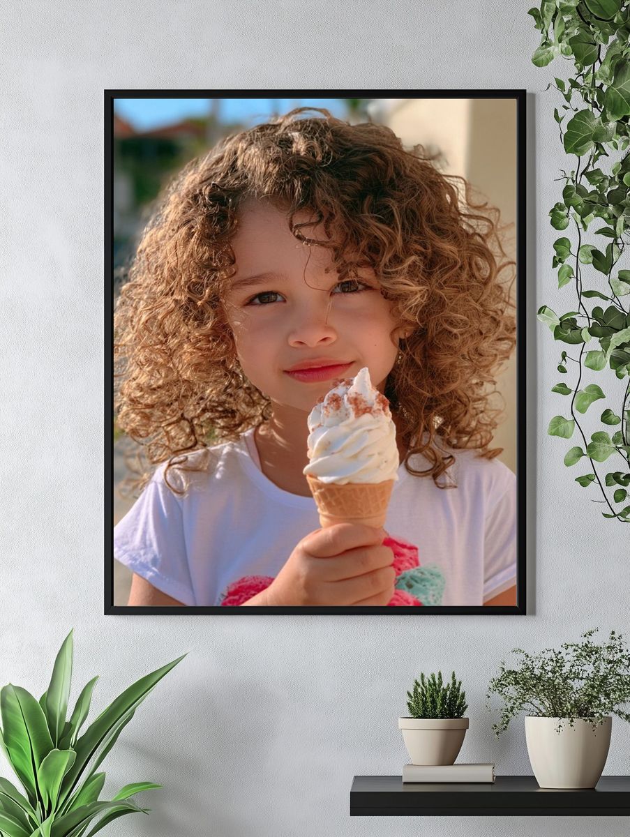 Curly Child with Ice Cream Photography Poster. — room view 4